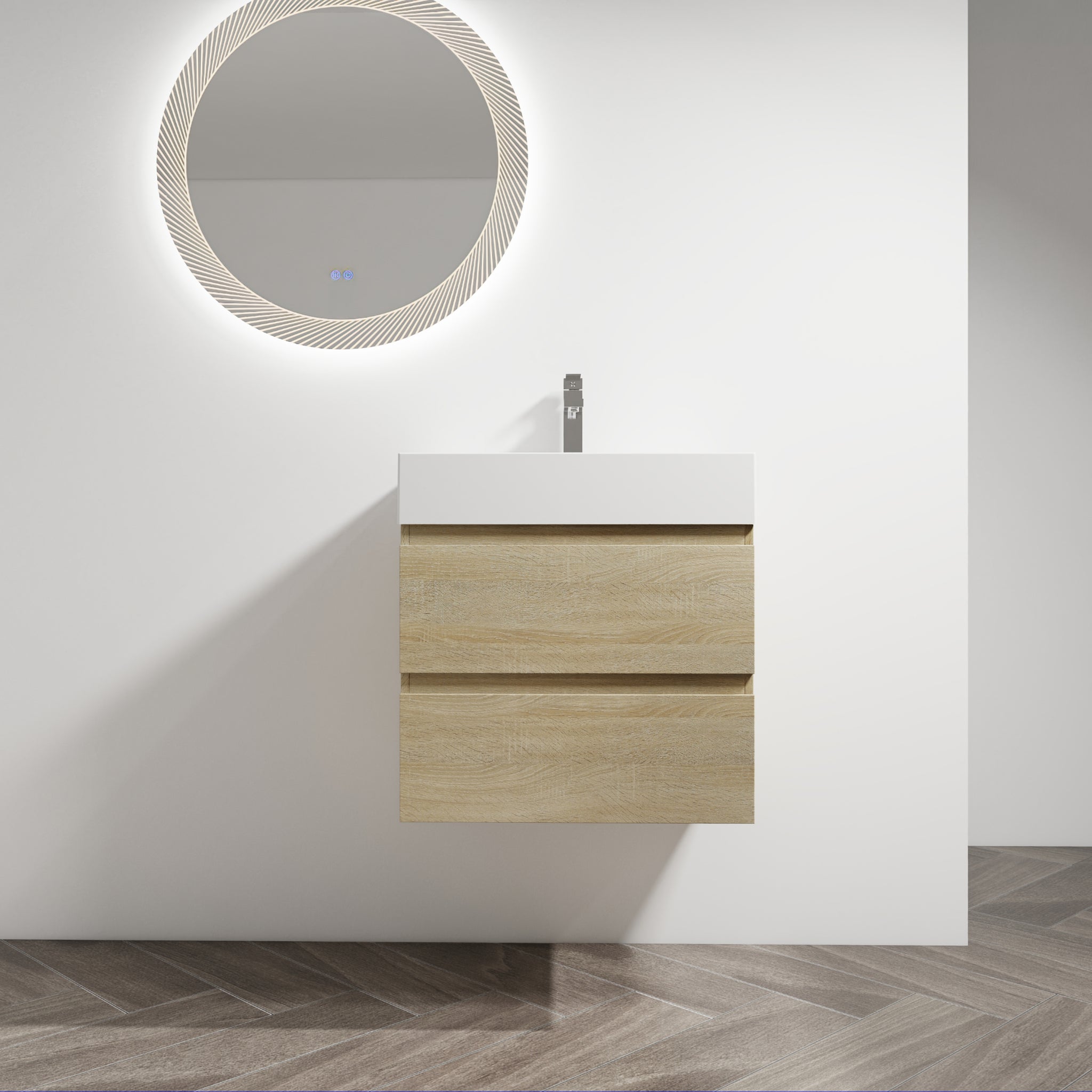 24" Wall Mounted Bathroom Vanity With Resin Sink, 2 Soft Close Drawers, Kd Package 2 Light Oak Bathroom Wall Mounted Modern Plywood