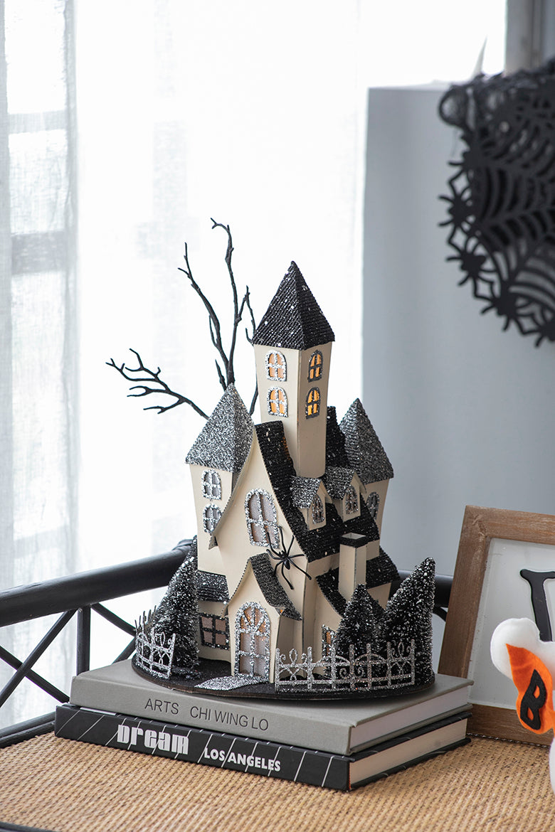 10X8.3X13.5" Cardboard Lighted Haunted House, Black Beige Tabletop Holiday Halloween Decor, Battery Powered Beige Black Paper Composite