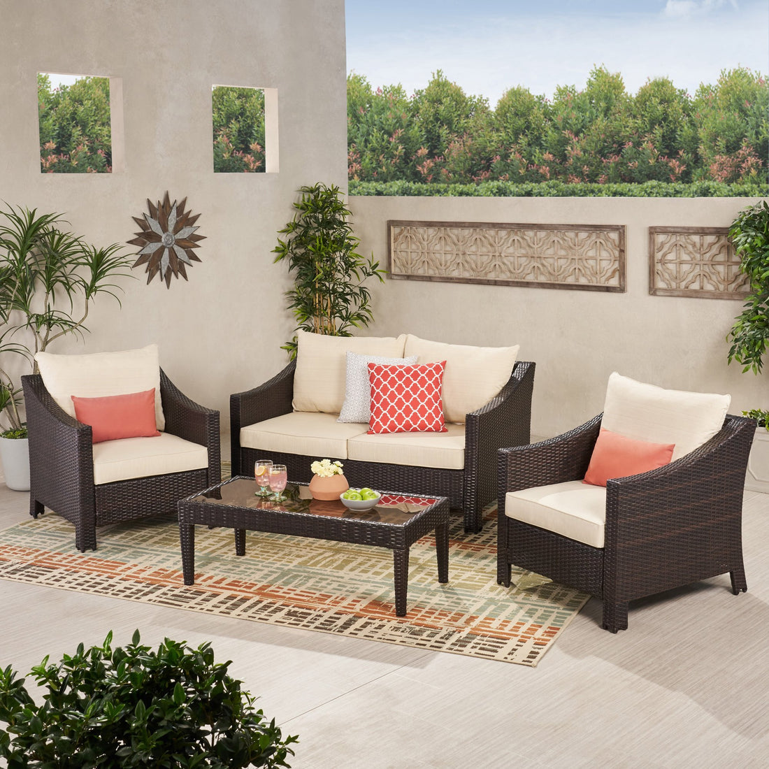 Antibes 4Pcs Wicker Chat Set Brown Wicker And Beige Cushion Yes Brown Seats 4 Mildew Resistant Frame Fade Resistant Cushion Garden & Outdoor Classic Foam Pe Rattan Iron Waterproof Fabric