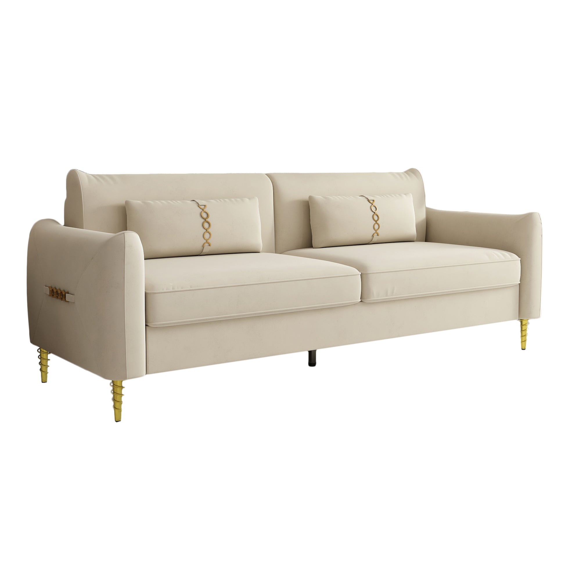 Fx P19 Be Sofa Beige Modern Velvet Couch With Gold Legs 85.83Inch With Pillows Beige Velvet 2 Seat