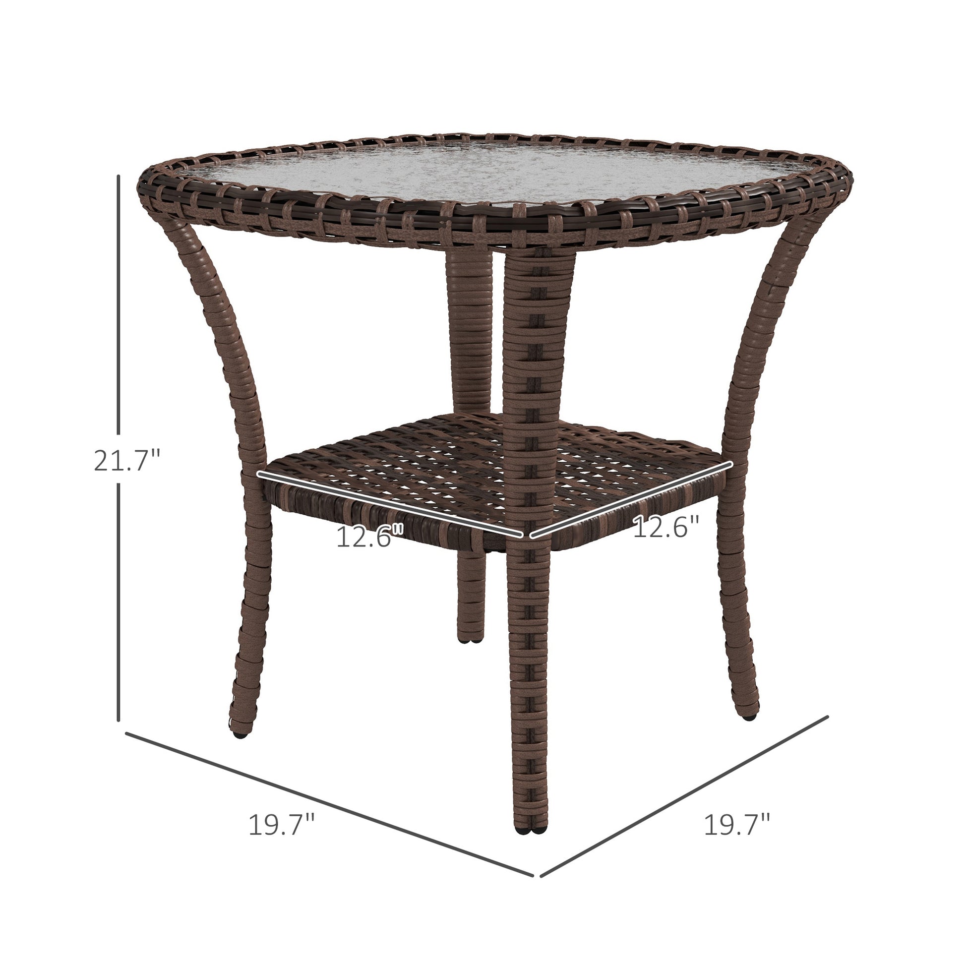 Outsunny Rattan Coffee Table With Storage Shelf, Wicker Side Table With Glass Top, Outdoor End Table For Garden, Porch, Backyard, Mix Brown Multicolor Steel