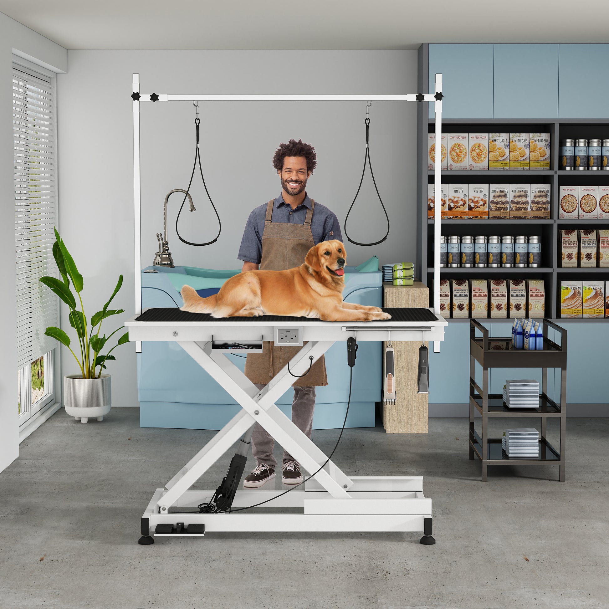 Super Deluxe Electric Pet Grooming Table, 110V 220V Professional Groomer Recommend Height Adjust From 8 Up To 36Inch Black White Carbon Steel