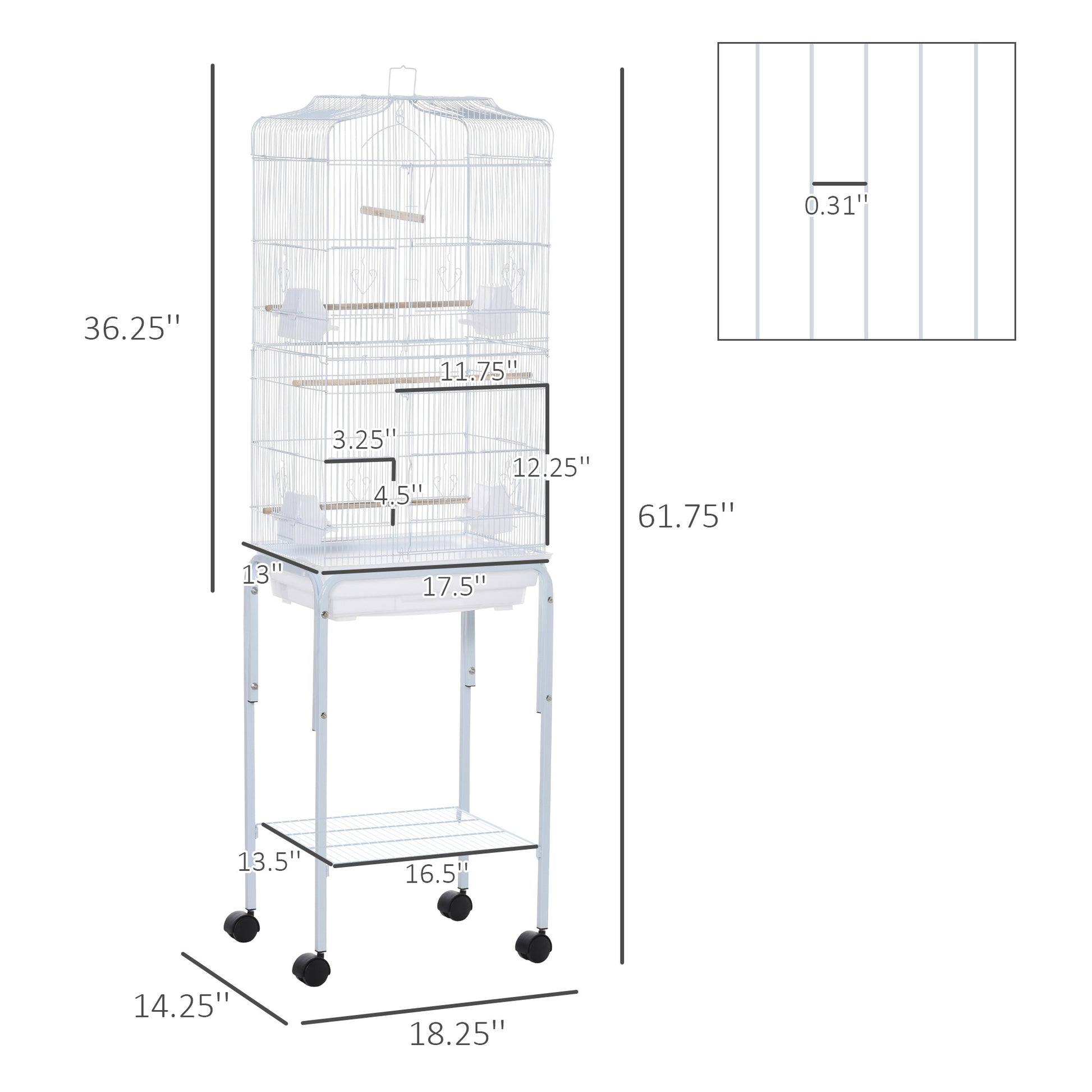 Pawhut 60" Metal Indoor Bird Cage Starter Kit With Detachable Rolling Stand, Storage Basket, And Accessories, White White Steel