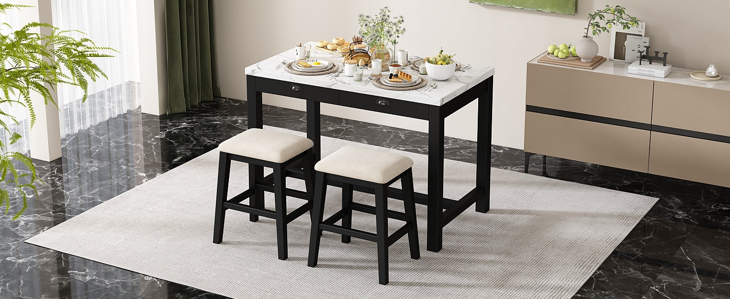 3 Piece Modern Faux Marble Versatile Bar Table Set With Storage Drawers And Padded Stools, Ideal For Space Saving Dining Nooks Or Small Kitchens Black Black Solid Wood Mdf