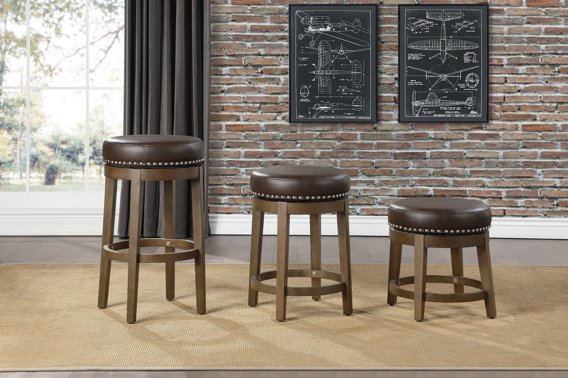 Round Swivel Bar Stools Set Of 2, Brown Faux Leather 360 Degree Swivel Seat Trim Solid Wood Frame Brown Finish Furniture Brown Dining Room Round Solid Wood