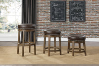 Round Swivel Bar Stools Set Of 2, Brown Faux Leather 360 Degree Swivel Seat Trim Solid Wood Frame Brown Finish Furniture Brown Dining Room Round Solid Wood