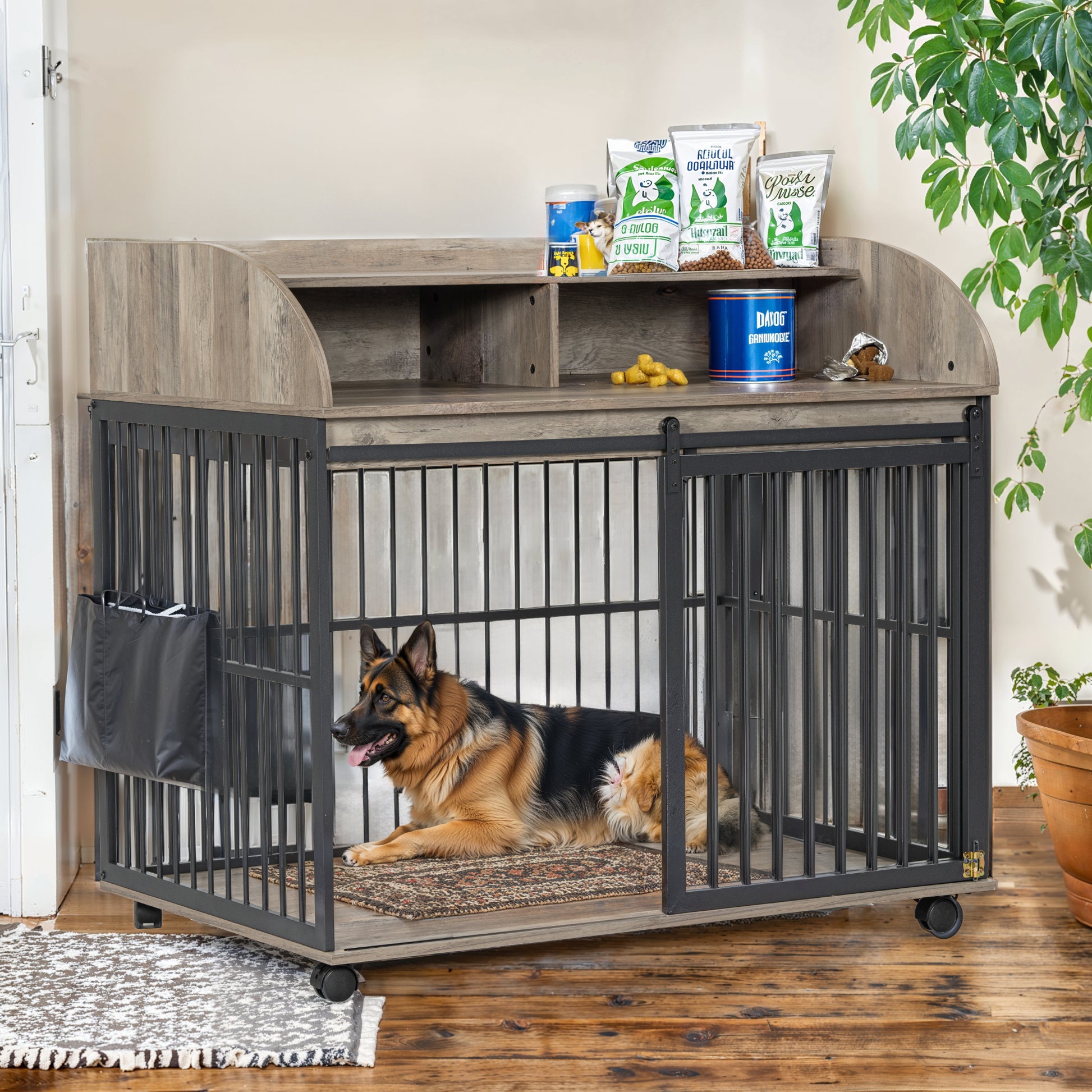 44'' Heavy Duty Large Dog Crate Furniture For Large Medium Dog With Lockable Wheels, Wooden Dog Crate Dog Kennel, End Table Crate With Double Layer Storage, Gray Gray Dog Engineered Wood