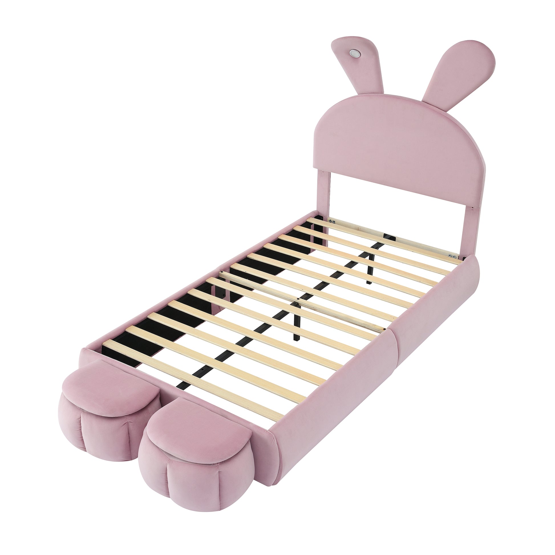 Twin Size Upholstered Platform Bed With Cartoon Ears Shaped Headboard And Light, Pink Box Spring Not Required Twin Pink Wood Bedroom Bed Frame Velvet Upholstered