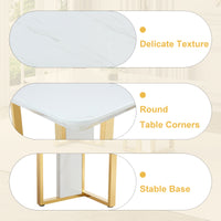 Table And Chair Set.67"X36" White Marble Pattern Mdf Dining Table Set With 6 Dark Gray Pu Chairs.Mdf Sticker,White Marble Pattern Sticker,Gold C Tube Chair Legs,Suitable For Kitchen,Dining Room,Etc.