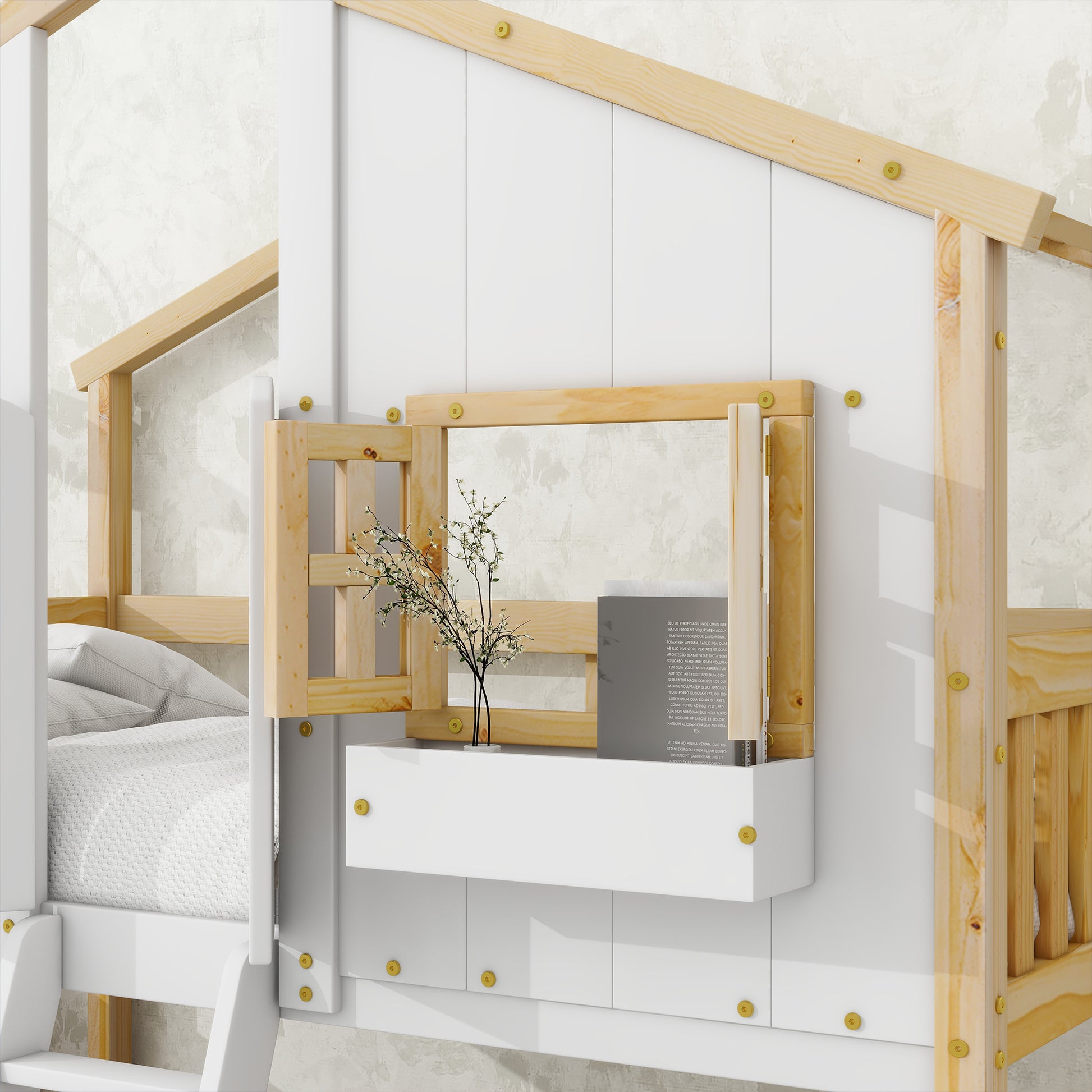 Twin Over Twin House Bunk Bed With Roofwindow, Window Box, Doorwith Safety Guardrails And Ladder, Natural White Twin Natural White Pine