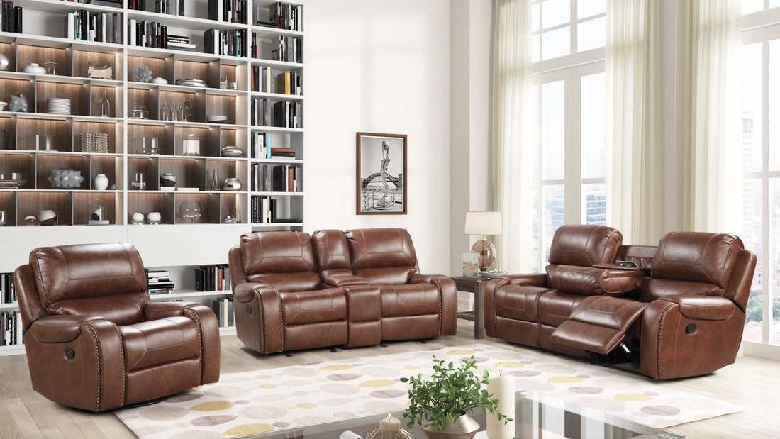 Achern Brown Leather Air Manual Reclining 3 Piece Sofa Set Brown Espresso Wood Primary Living Space Medium Firm Cushion Back Traditional Pillow Top Arms Faux Leather 6 Seat