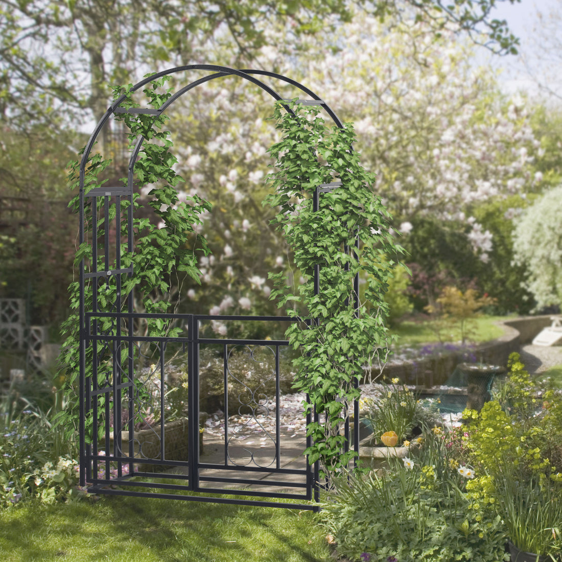 Outsunny 81" Metal Garden Arbor With Double Doors, Locking Gate, Climbing Vine Frame With Heart Motifs, Arch For Wedding, Bridal Party Decoration, Grey Black Steel