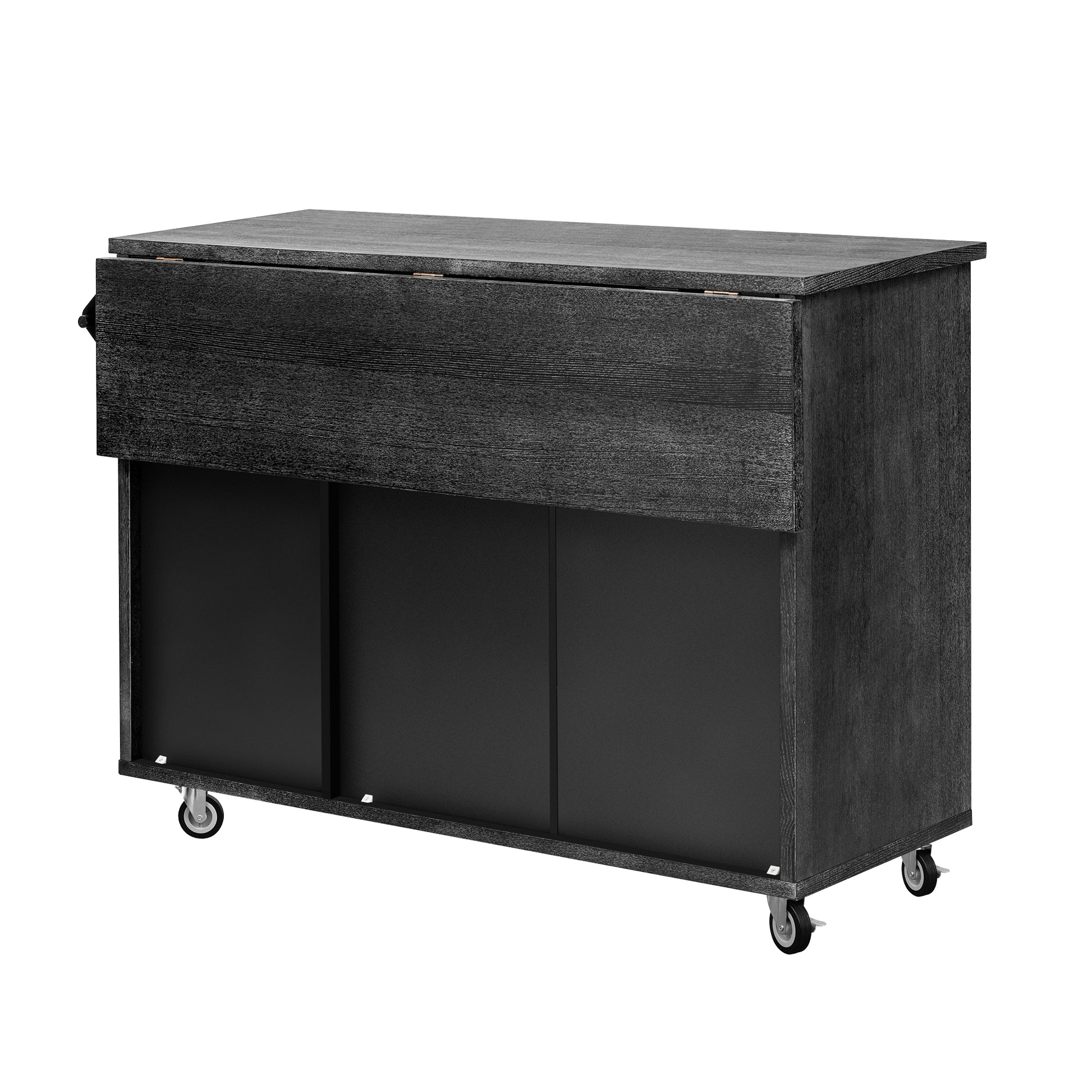 K&K 51.2"W 3D Wave Stripes Ash Veneer Not Cheap Paper Kitchen Island With Drop Leaf, Farmhouse Kitchen Island On Wheels With Internal Storage Rack, Rolling Kitchen Cart Black Black Brown Kitchen