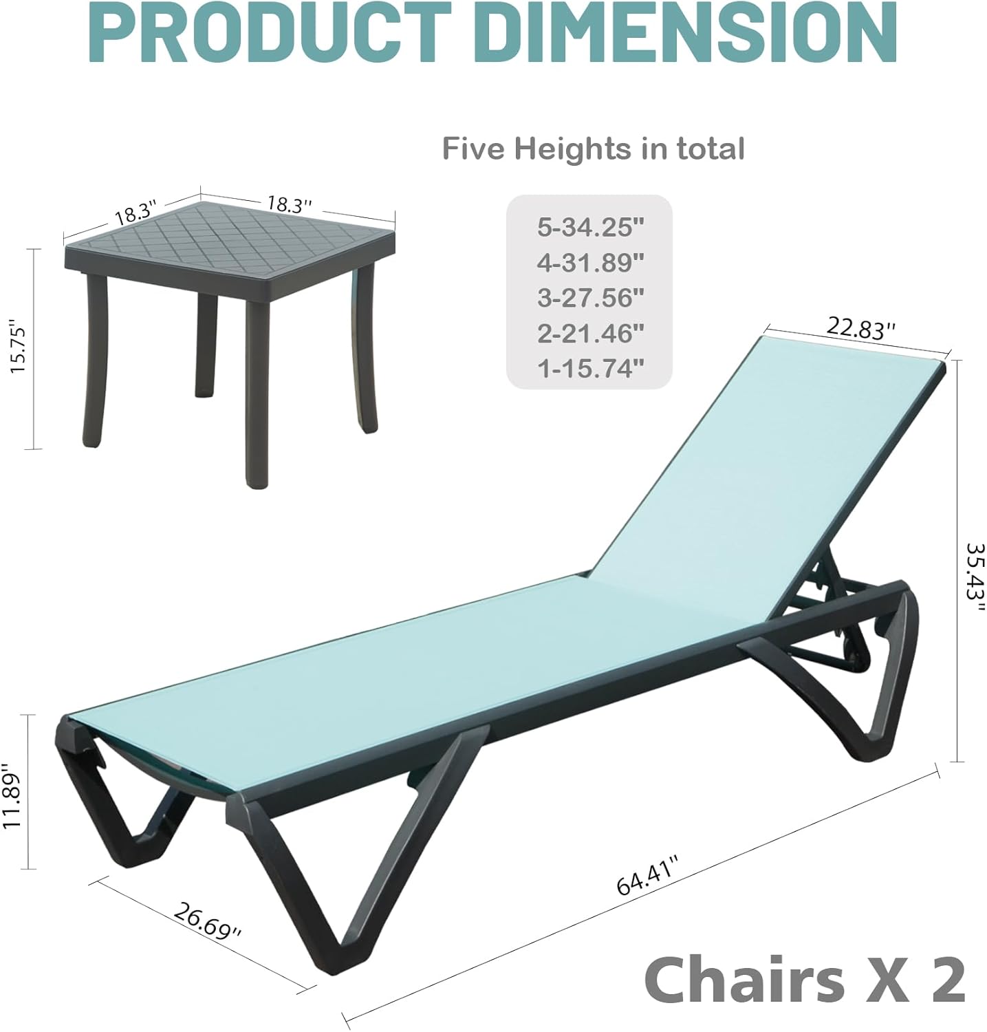Outdoor Lounge Chair, Aluminum Plastic Patio Chaise Lounge With Side Table & 5 Position Adjustable Backrest & Wheels, All Weather Reclining Chair For Outside Beach Poolside Lawn, Lake Blue Lake Blue Aluminum
