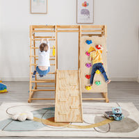 Toddler Indoor Wooden Gym 8 In 1 Indoor Playground Climbing Toy Set With Slide Swing Climbing Net Rings, Kids Indoor Playground Climbing Toys Natural Wood Wood Plastic