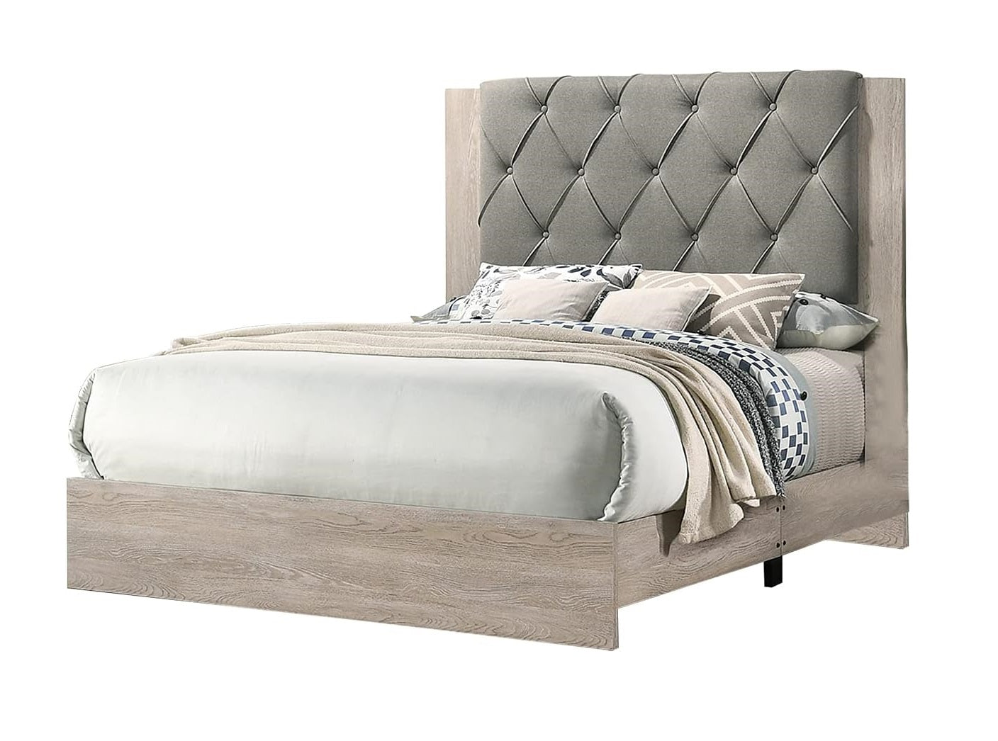 Contemporary 1Pc Cream Finish Queen Size Bed Bedroom Furniture Gray Tufted Design Headboard Rubberwood 1Pc Bedframe Box Spring Required Queen Cream Grey Wood Bedroom