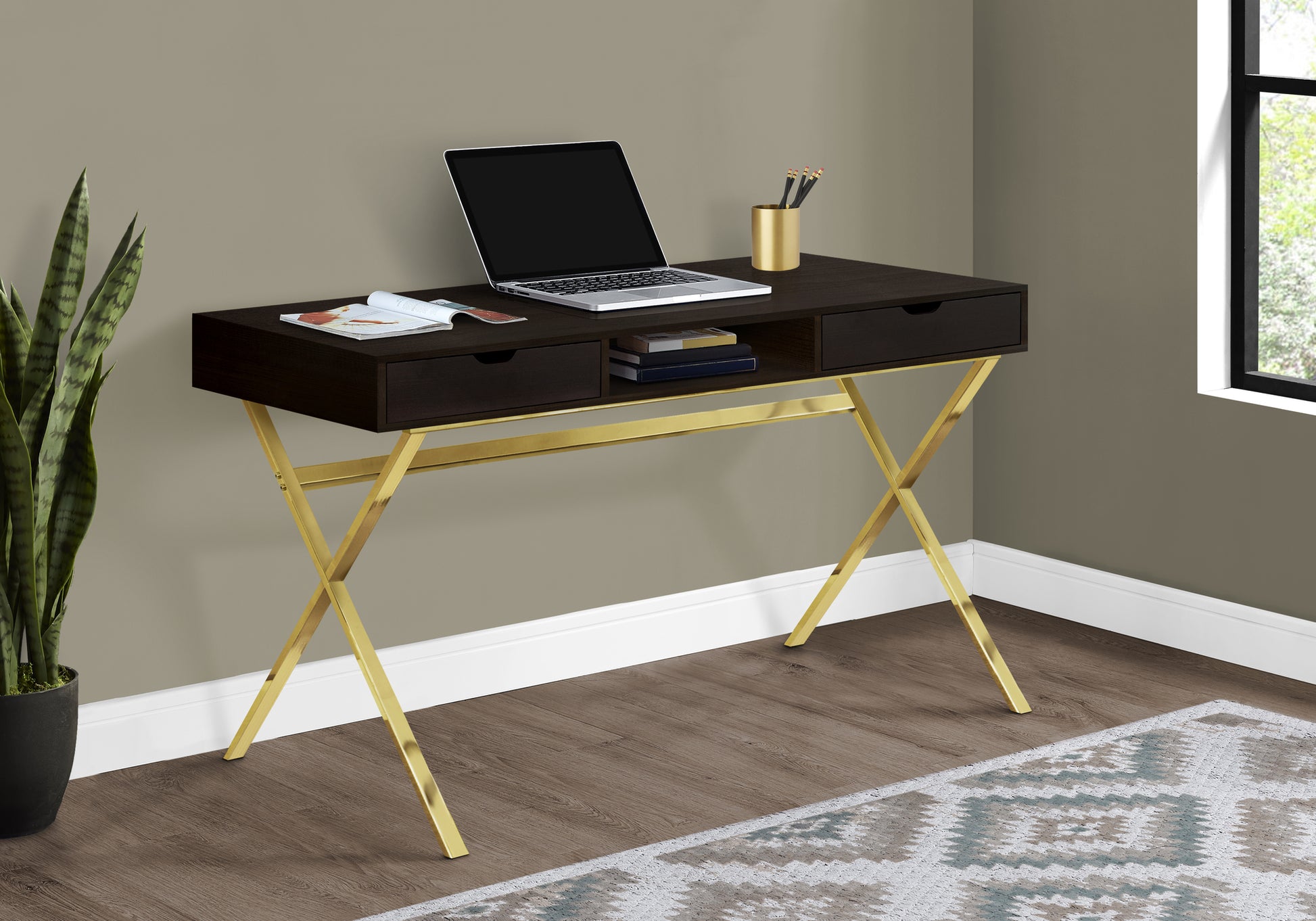 Computer Desk, Home Office, Laptop, Storage Drawers, 48"L, Work, Brown Laminate, Gold Metal, Contemporary, Modern Espresso Particle Board