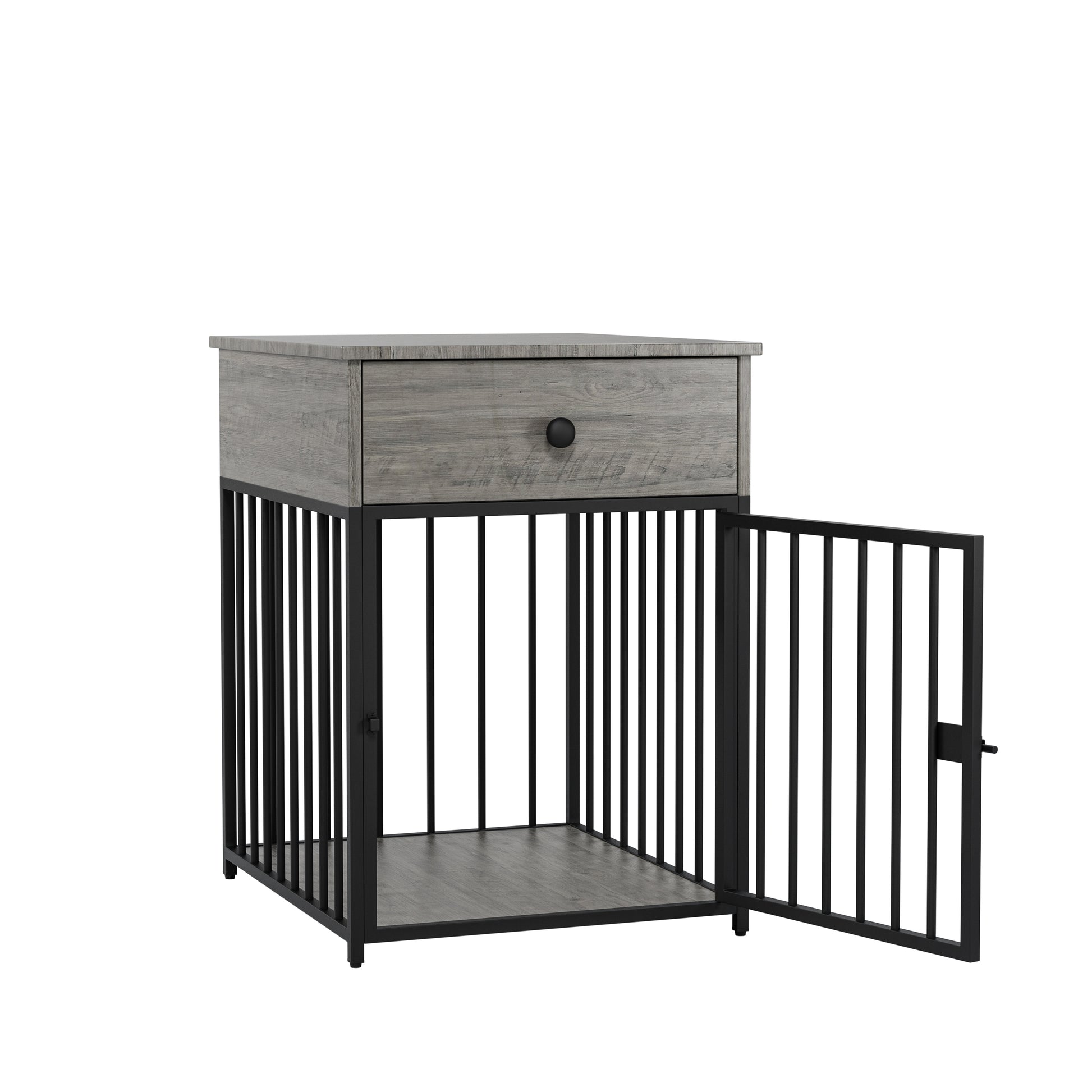 Dog Crate Furniture, Dog House, Decorative Dog Kennel With Drawer, Indoor Pet Crate End Table For Small Dog, Iron Tube Dog Cage, Chew Proof Gray Mdf