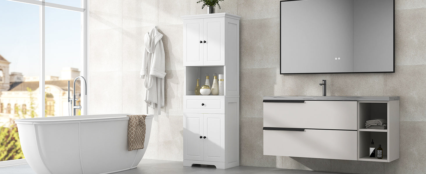 Tall Bathroom Cabinet With Four Doors, Large Storage Space Open Shelve, Upper Storage Cabinet, White White Mdf