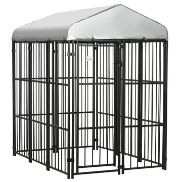 Pawhut 6' X 4' Dog Kennel, Outdoor Dog Playpen Run With Waterproof, Uv Resistant Canopy, Heavy Duty Chain Link For Medium And Large Dogs Black Steel