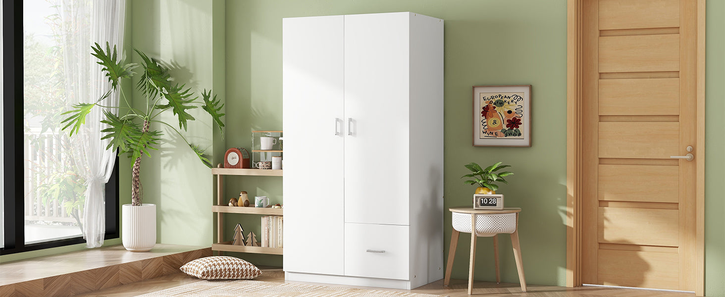 Wooden Wardrobe With Double Doors, Armoire With Hanging Rod, 5 Fixed Shelves, One Storage Drawer,White White Particle Board