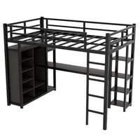 Metal Full Size Loft Bed With Desk,Shelves,Wardrobe, Black Full Black Metal