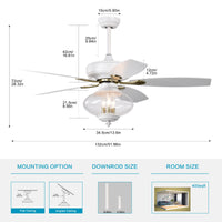 52'' Low Profile Ceiling Fanwhite Modern Ceiling Fans With Remote Control For Bedroom,Living Room,3 Speed ,Glass Shade Matte White Matte White Ceiling Fans 1000K 2600K Candlelight Under 1000Lm American Design,American