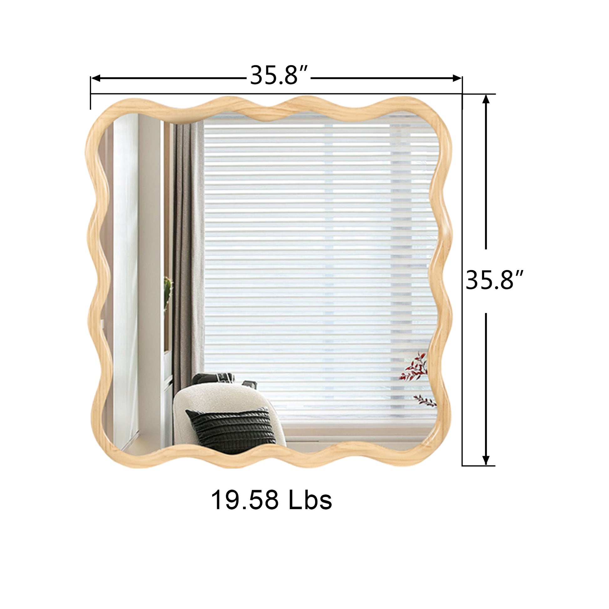 Solid Wood Wavy Square Mirror Natural Wood 36" X 36" Modern Mirror Wall Decor For Bathroom, Bedroom, Living Room, Dining Room, Cloakroom, Entryway Square Framed Natural Wood Living Room Large 33In 40In Glass Solid Wood