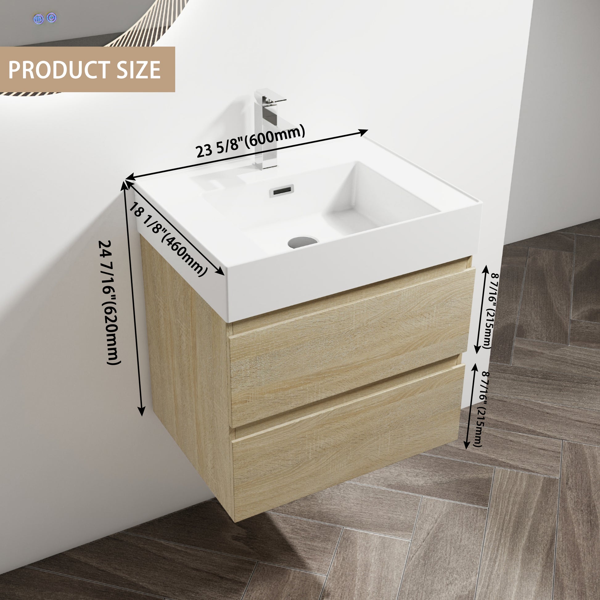 24" Wall Mounted Bathroom Vanity With Resin Sink, 2 Soft Close Drawers, Kd Package 2 Light Oak Bathroom Wall Mounted Modern Plywood