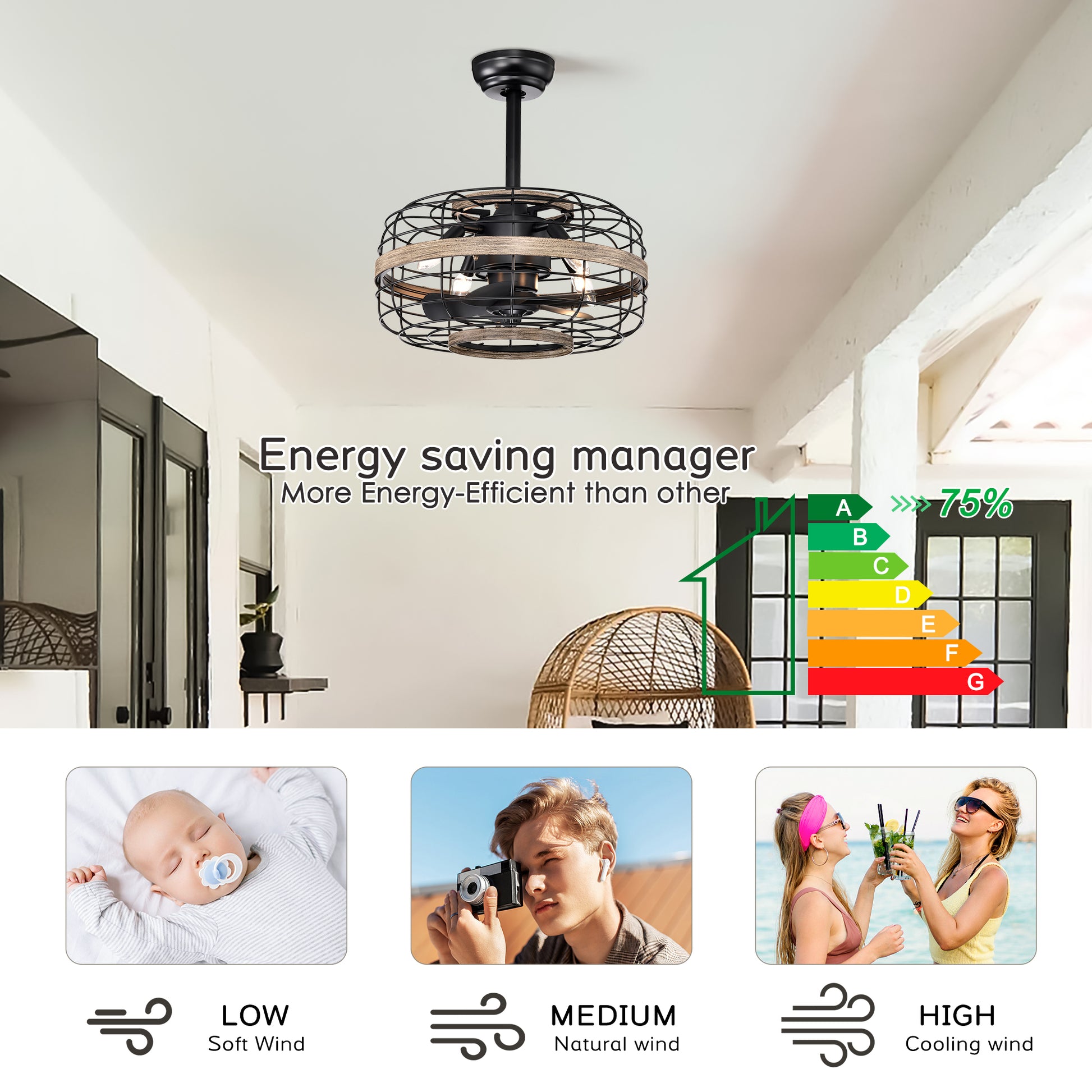 18'' Farmhouse Ceiling Fans Light Caged Ceiling Fan With Remote Control 3 Speeds Adjustable , Wood Rustic Enclosed Reversible Ceiling Fans For Bedroomliving Room, Kitchen. Matte Black American Traditional Abs Metal