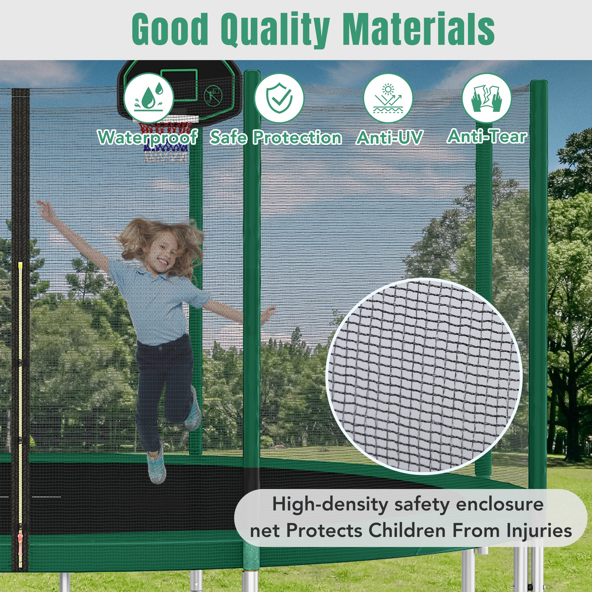 14Ft Trampoline For Kids With Safety Enclosure Net, Basketball Hoop And Ladder, Easy Assembly Round Outdoor Recreational Trampoline Green Metal