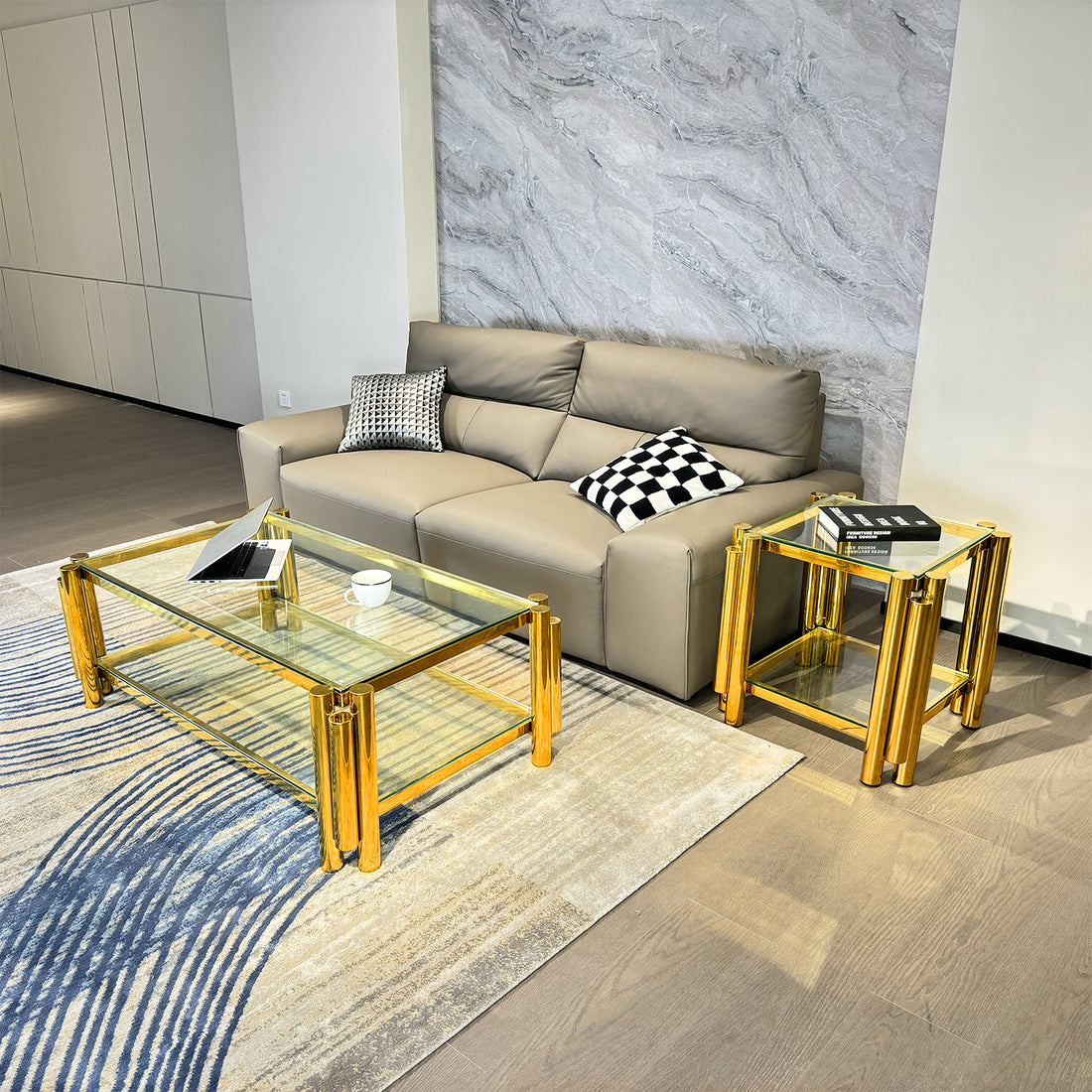 Modern Stainless Steel Coffee Table Set Set Of 2 , Double Layer Clear Tempered Glass Table Top, Coffee Table & End Side Table 2 Pieces Sets For Living Room Home Office, Gold Clear,Gold Modern Open