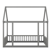 Full Size Floor Wooden Bed With House Roof Frame And Safety Guardrails ,Gray Full Gray Pine