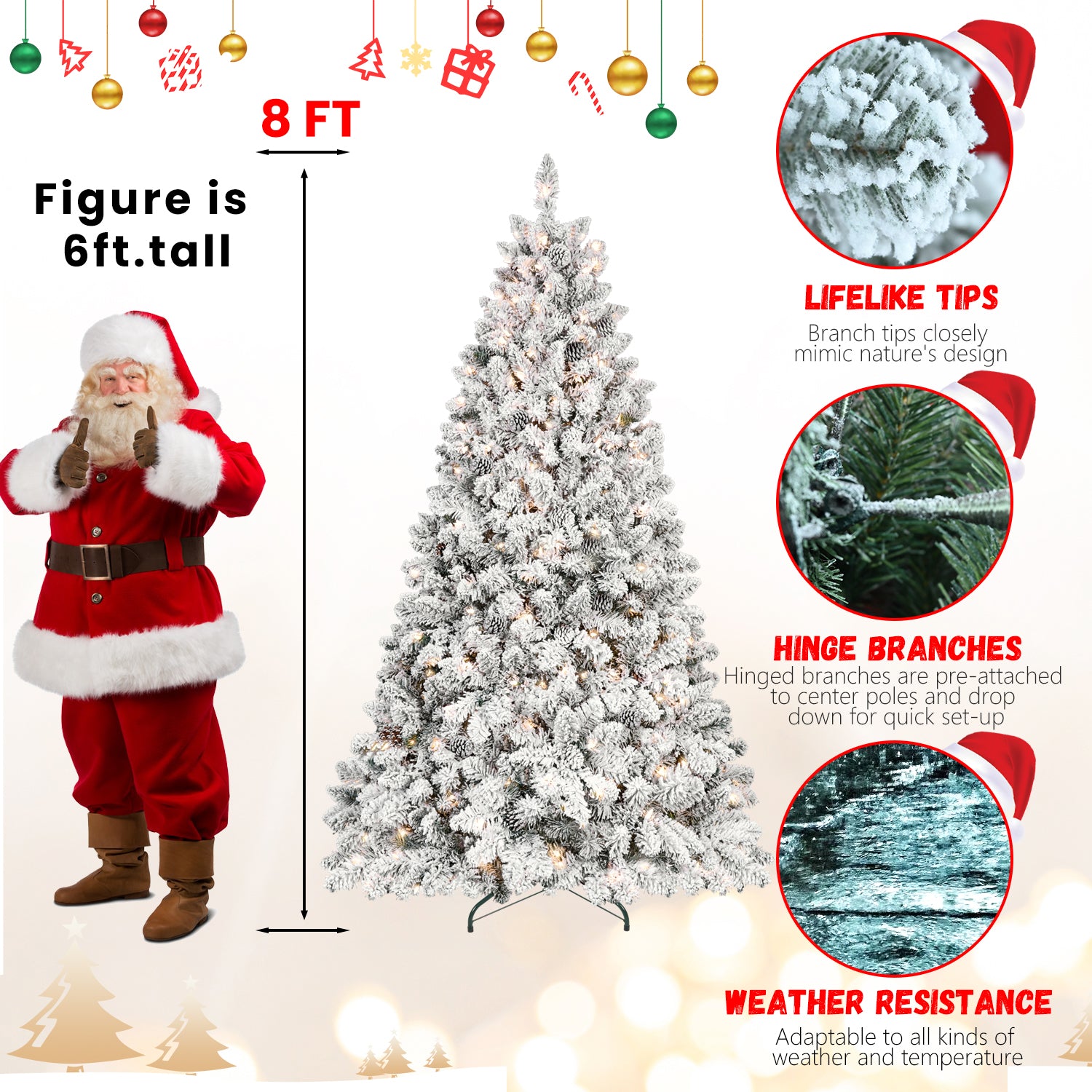 6Ft Snow Flocked Artificial Christmas Tree With Pine Cones, Prelit Xmas Trees, Hinged Easy Assembly & Reinforced Metal Base Ideal For Indoor & Outdoor Festive Decorations White Polyethylene