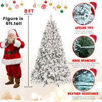 7Ft Snow Flocked Artificial Christmas Tree With Pine Cones, Prelit Xmas Trees, Hinged Easy Assembly & Reinforced Metal Base Ideal For Indoor & Outdoor Festive Decorations White Polyvinyl Chloride