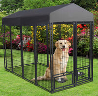 Outdoor Dog Kennel, 8' X 6' X 4' With Waterproof Heavy Duty Metal Dog Cage,Large Size W Rotate Feeding Doors & Upgraded Canopy For Medium Big Dog Grey Outdoor Kennel Metal