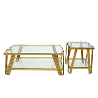 Modern Stainless Steel Coffee Table Set Set Of 2 , Double Layer Clear Tempered Glass Table Top, Coffee Table & End Side Table 2 Pieces Sets For Living Room Home Office, Gold Clear,Gold Modern Open