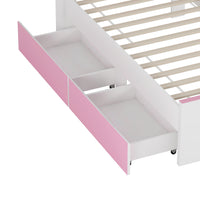 Twin Size House Shaped Wooden Bed With Storage Shelf On The Headboard, Built In Two Storage Drawers, Pink Pink White Wood