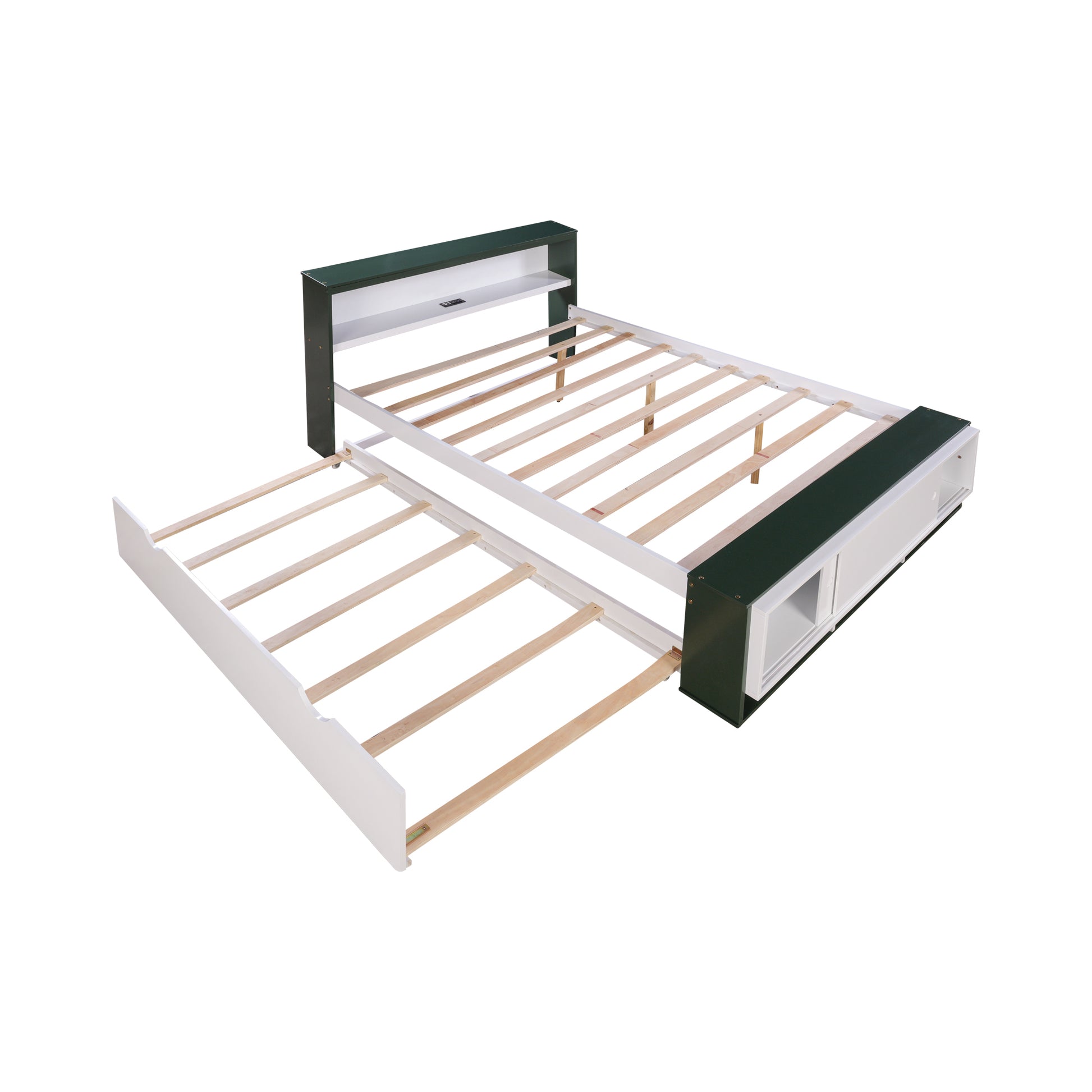 Full Size Platform Bed With Trundle,Storage Headboard And Footboard, Usb Charging Design,White Green Full White Green Solid Wood Mdf