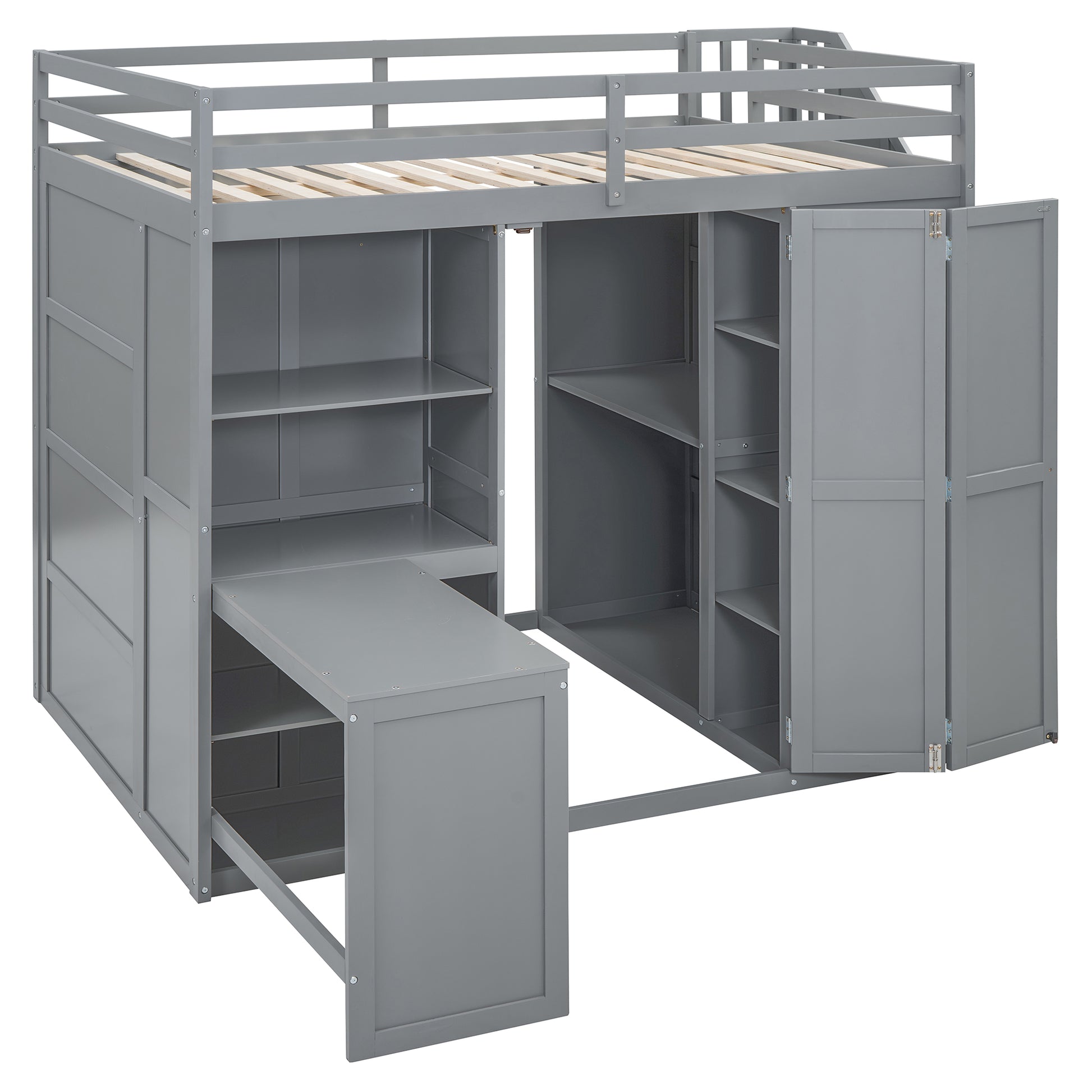 Full Size Bunk Bed With Wardrobe,Desk And Shelves,Grey Grey Mdf Lvl