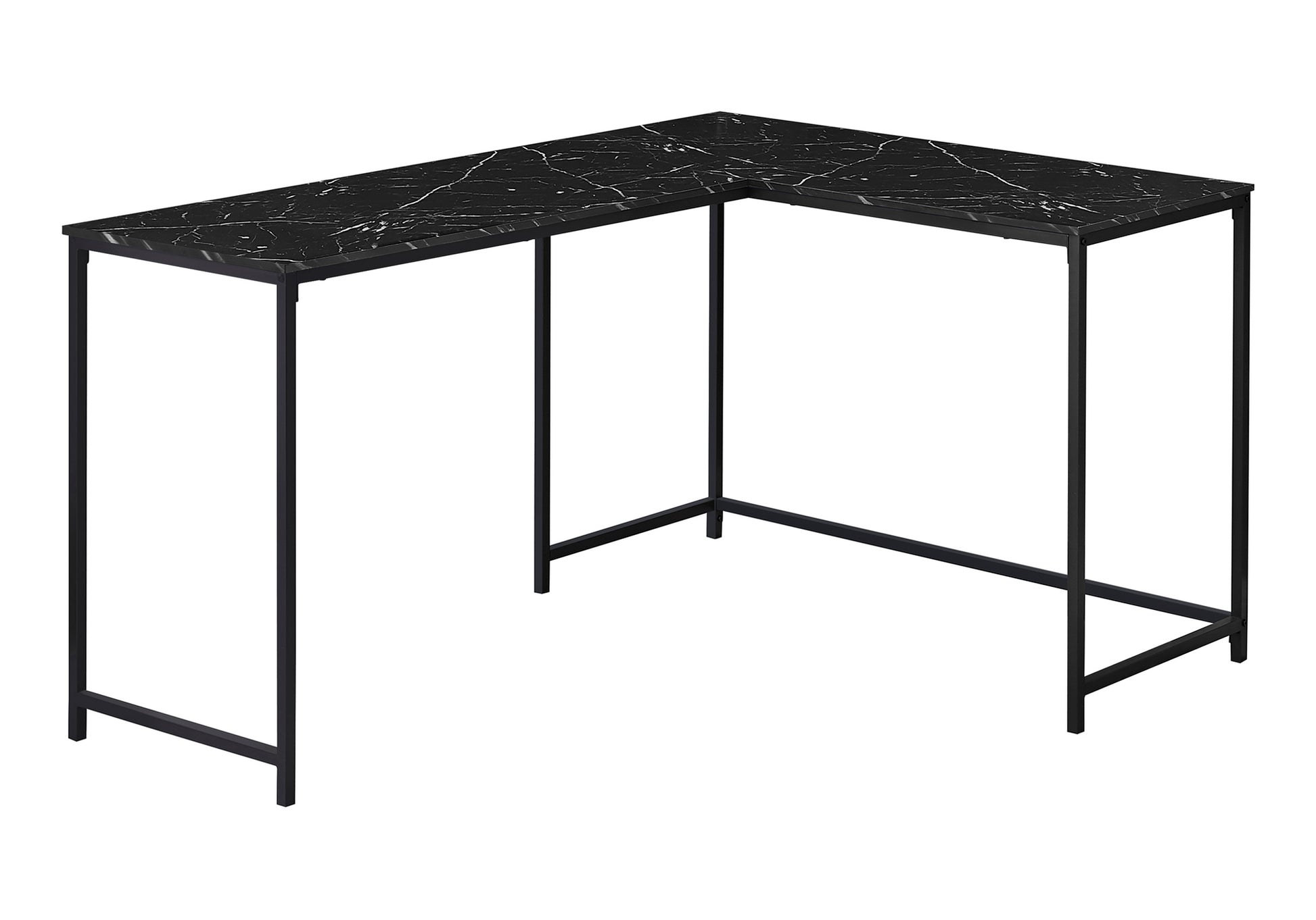 Computer Desk, Home Office, Corner, 58"L, L Shape, Work, Laptop, Black Marble Look Laminate, Black Metal, Contemporary, Modern Black Particle Board