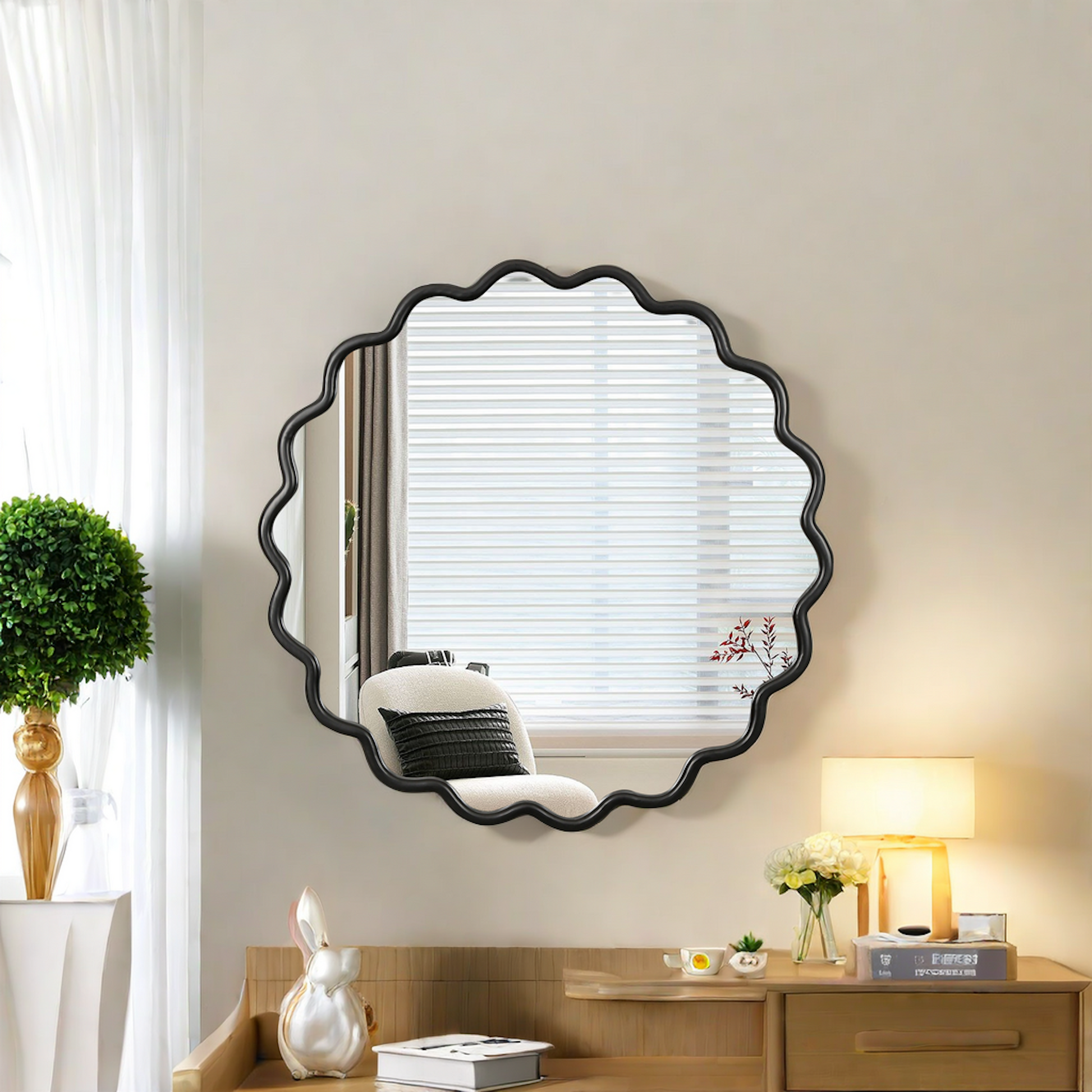 Solid Wood Wavy Mirror Black Vanity Mirror Wall Decor 36" X 36" Modern Mirror Wall Decor For Bathroom, Bedroom, Living Room, Dining Room, Cloakroom, Entryway Oval Or Circle Framed Black Living Room Large 33In 40In Glass Solid Wood