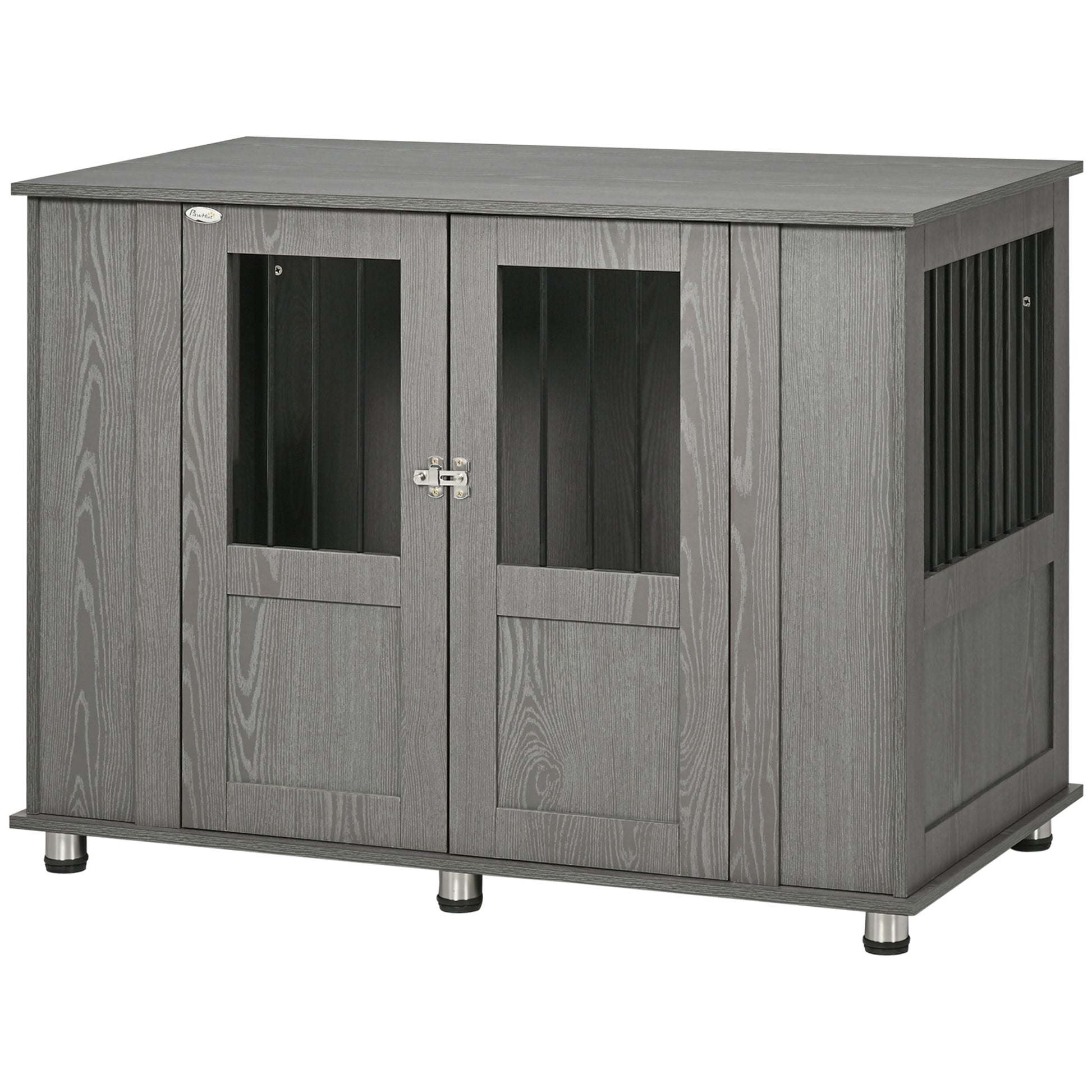 Pawhut Dog Crate Furniture, Wooden End Table Furniture With Lockable Magnetic Doors, Extra Large Size Pet Kennel Indoor Animal Cage, Gray Gray Particle Board