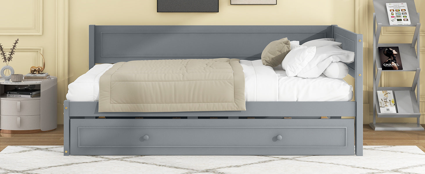 Twin Size Wood Daybed With Trundle And Guardrail, Gray Box Spring Not Required Gray Wood Solid Wood Mdf