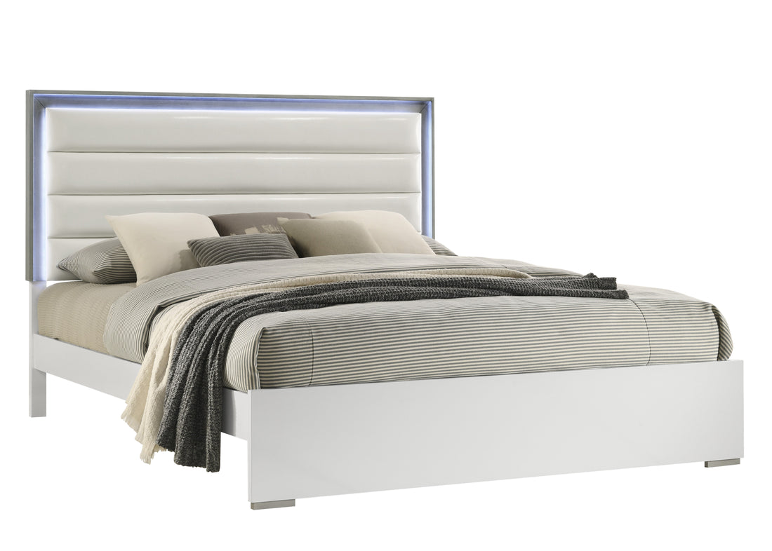 Olivia Contemporary Style Full Bed Made With Led Headboard & Wood In White Box Spring Required Full White Wood Bedroom Contemporary Bed Frame Solid Wood Mdf Faux Leather Wood