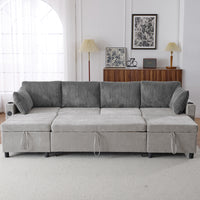 111.8" Sectional Sofa Pull Out Sofa Bed Versatile Sofa Sleeper With Large Storage Space, Two Usb Ports And Two Cup Holders For Living Room, Grey Grey Foam Chenille 4 Seat