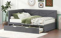 Twin Size Wood Daybed With Trundle And Rustic Guardrail, Ancient Grey Box Spring Not Required Twin Grey Wood Bedroom Solid Wood Mdf