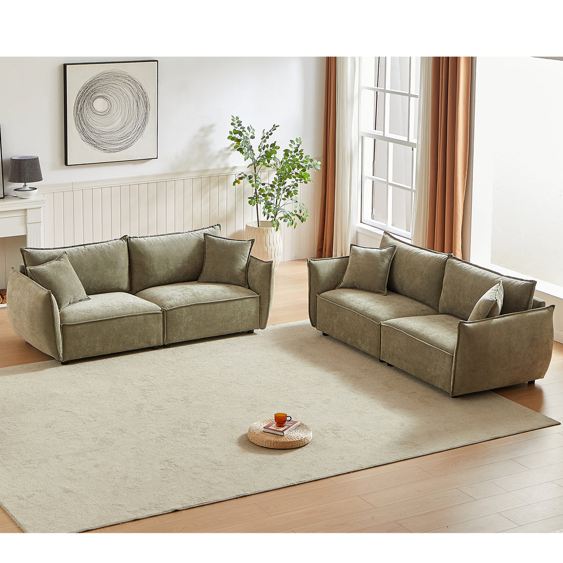 3 Seater 3 Seater Combo Sofa Modern Living Room Sofa, Linen Fabric Sofa, Wooden Frame With 4 Pillows, Apartment Sofa Furniture Light Green Chenille Wood Primary Living Space Pine Foam Fabric 6 Seat