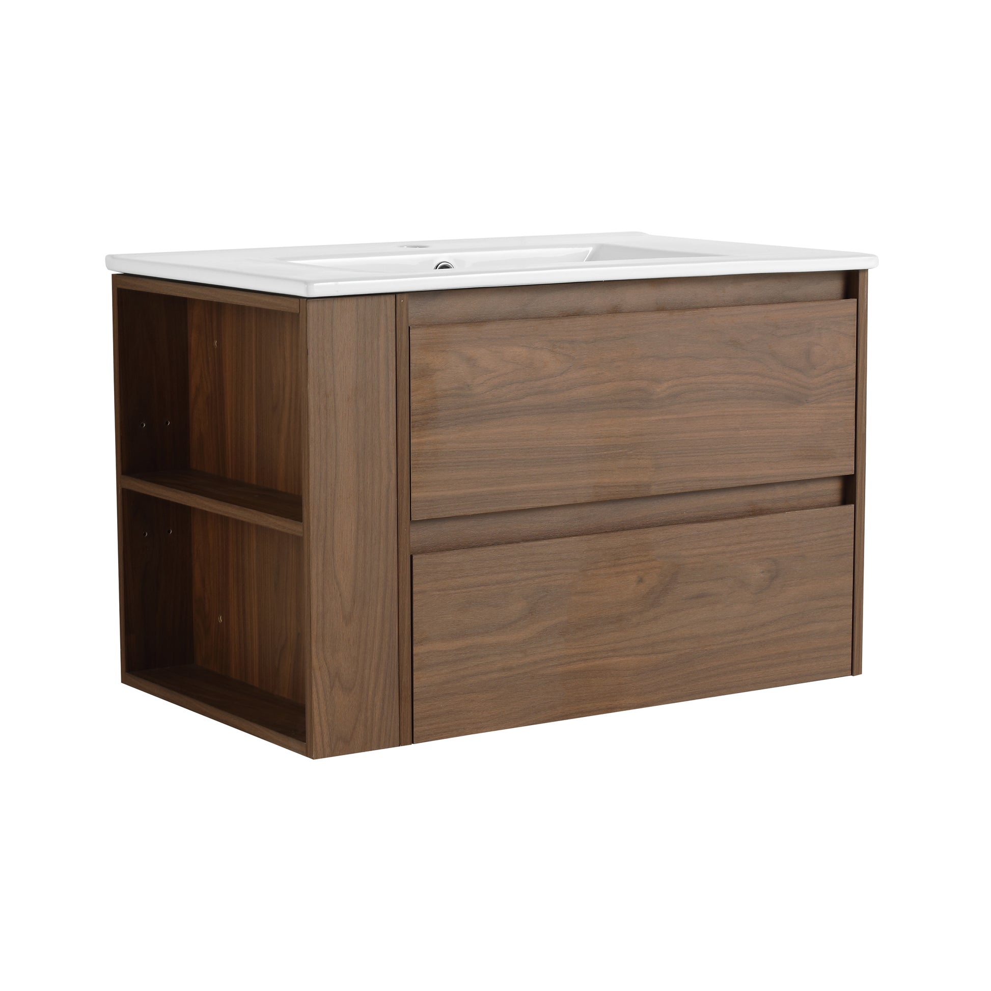 30" Wall Mounting Bathroom Vanity With Ceramic Sink, 2 Soft Close Drawer 2 Brown Oak 1 Bathroom Wall Mounted Modern Plywood