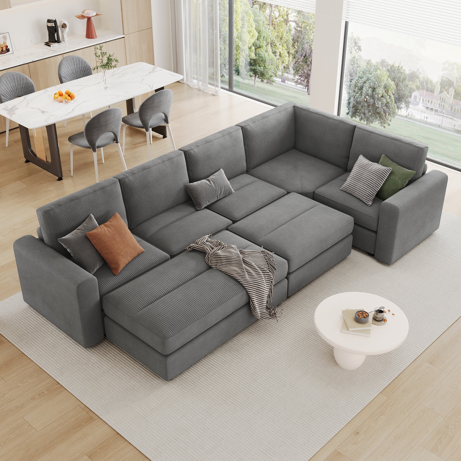 121.3" Sectional Couch Sofa Bed Modular Sofa With Two Movable Ottomans For Living Room Old Sku:N719S001640E , Gray Gray Foam Corduroy 7 Seat